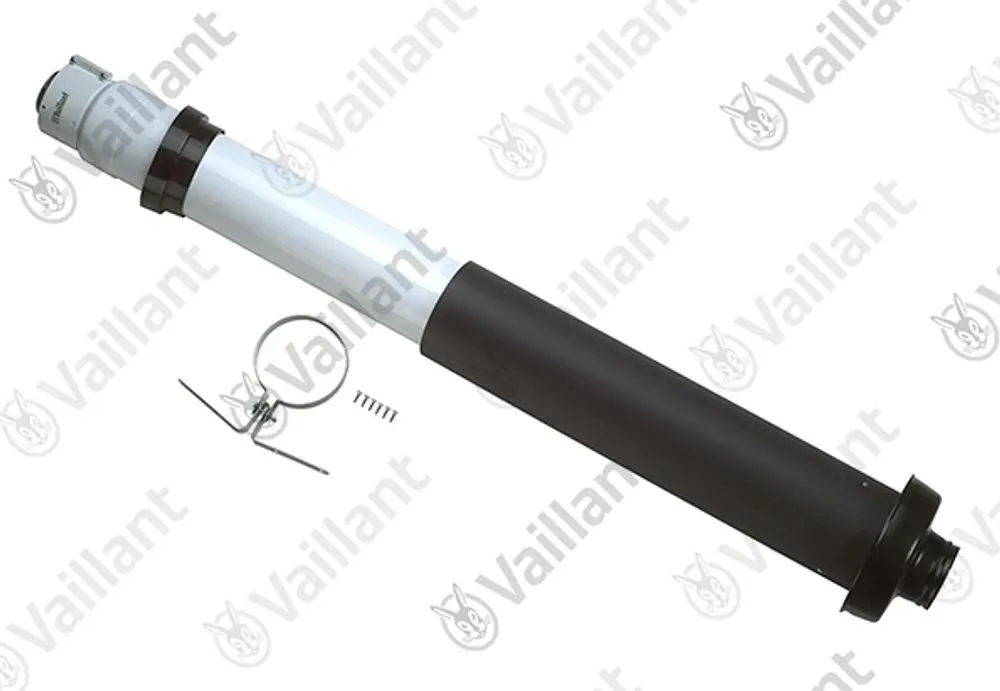 Vaillant-Luft- und Abgasrohr, zylindrisch mit einer hellen Oberfläche und einem schwarzen Endstück. Zugänglich mit Montagezubehör wie einer Feder und einer Halterung.